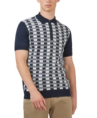 Ben Sherman Men's Jacquard Check-Front Short-Sleeve Embroidered Polo Shirt