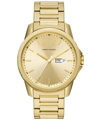 A|X Armani Exchange Men's Three-Hand Day-Date Gold-Tone Stainless Steel Bracelet Watch, 44mm - Gold