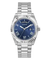 Guess Men's Silver-Tone Stainless Steel Bracelet, Day, Date Watch, 42mm - Silver