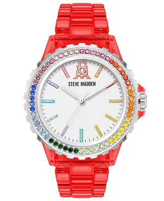 Steve Madden Women's Analog Transparent Plastic with Rainbow Crystal Bracelet Watch