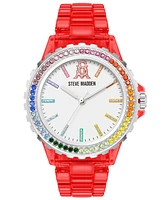 Steve Madden Women's Analog Transparent Plastic with Rainbow Crystal Bracelet Watch