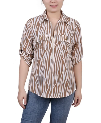 Ny Collection Women's 3/4 Roll Tab Sleeve Zip Front Top