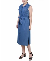 Ny Collection Women's Sleeveless Belted Chambray Dress
