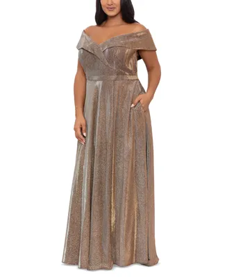 Xscape Plus Size Draped Off-The-Shoulder Metallic Gown