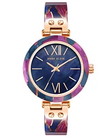 Anne Klein Women's Three-Hand Quartz Navy and Purple Resin with Rose Gold-Tone Alloy Accents Bangle Watch, 34mm - Rose Gold