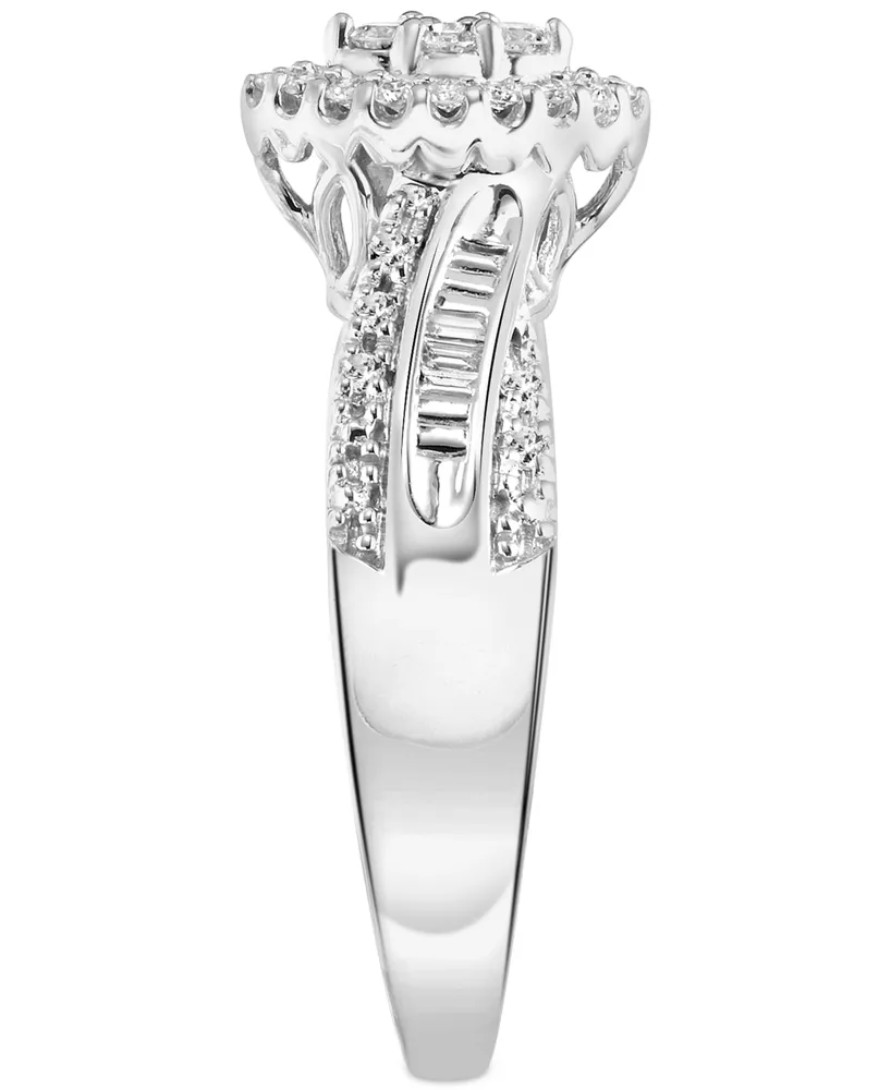 Diamond Round & Baguette Halo Cluster Engagement Ring (1/4 ct. t.w.) in 14k White Gold