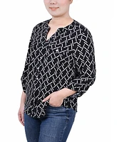 Petite 3/4 Sleeve Roll Tab Y Neck Blouse