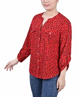 Petite 3/4 Sleeve Roll Tab Y Neck Blouse