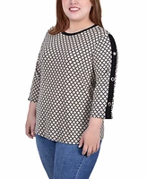 Ny Collection Plus Size 3/4 Sleeve Top with Combo Bands and Grommets