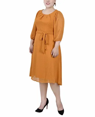 Ny Collection Plus Size 3/4 Sleeve Clip Dot Dress - Inca Gold