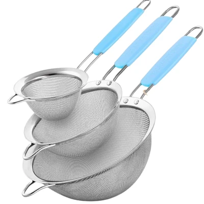 Premium Stainless Steel Fine Mesh Strainer Set - Strainers for Kitchen (Set of 3) with Non-slip Handles