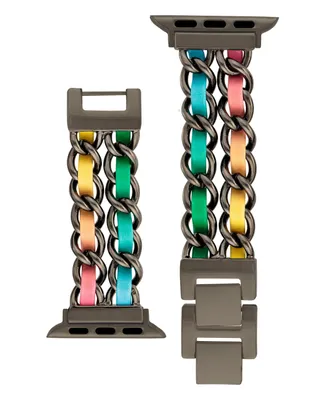 Steve Madden Women's Black Alloy Double Chain and Rainbow Faux Leather Bracelet Compatible with 38/40/41mm Apple Watch