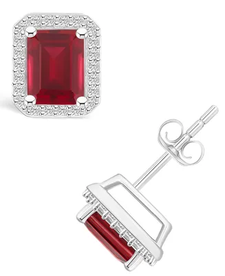 Macy's Lab Grown Ruby (2-2/5 ct. t.w.) and Lab Grown Sapphire (1/4 ct. t.w.) Halo Studs in 10K White Gold