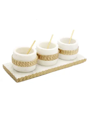 Classic Touch Bowl Relish Dish on Tray with Design and Spoons Set, 7 Piece - White and Gold