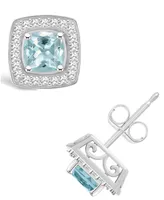 Macy's Aquamarine (1 ct. t.w.) and Diamond (1/5 ct. t.w.) Halo Studs in Sterling Silver