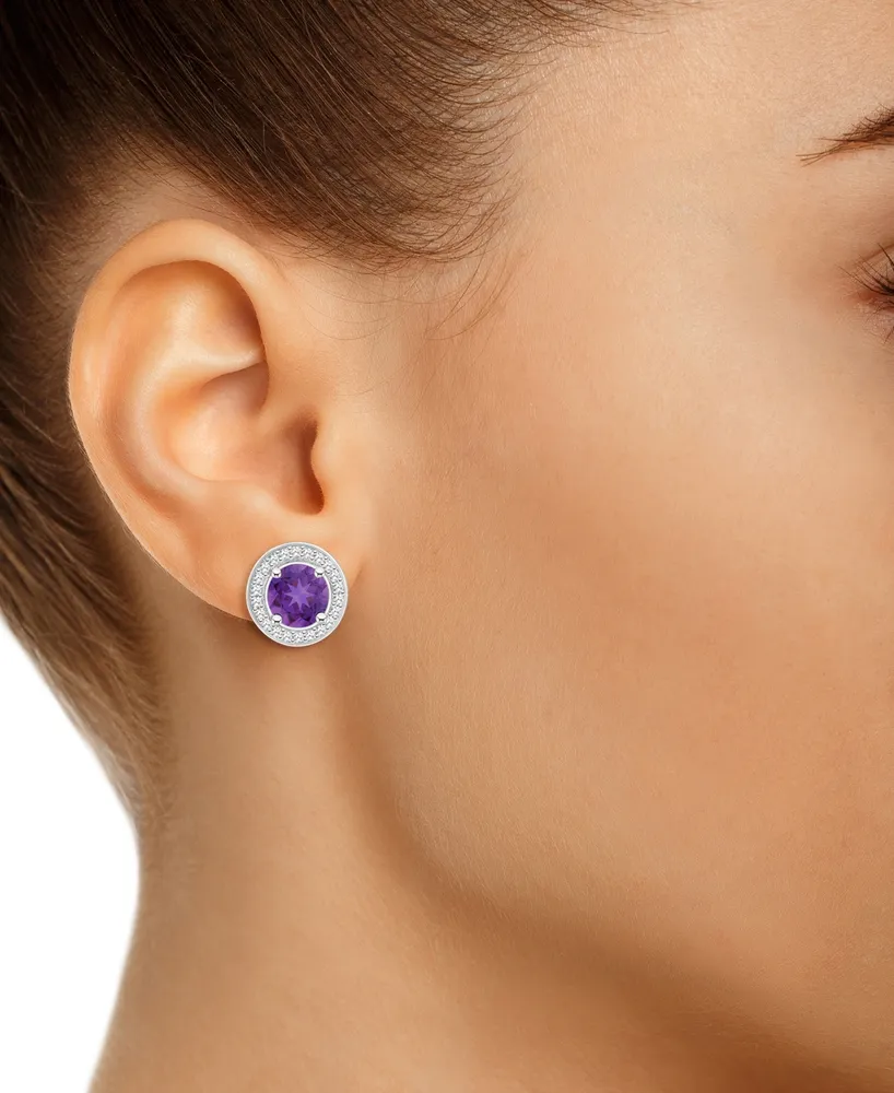 Macy's Amethyst (1-1/2 ct. t.w.) and Diamond (1/5 ct. t.w.) Halo Studs in Sterling Silver