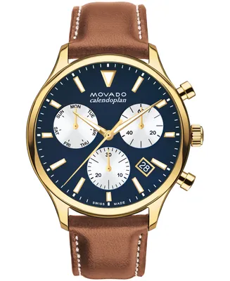 Movado Men's Heritage Calendoplan Swiss Quartz Chronograph Cognac Genuine Leather Strap Watch 43mm