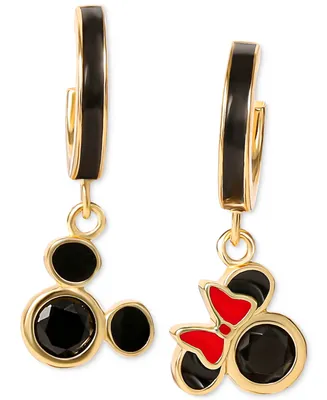 Disney Cubic Zirconia & Enamel Mickey & Minnie Mouse Dangle Mismatch Hoop Earrings in 18k Gold-Plated Sterling Silver