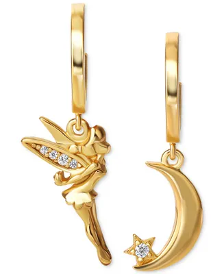 Disney Cubic Zirconia Tinkerbell & Moon Mismatch Dangle Hoop Earrings in 18k Gold-Plated Sterling Silver