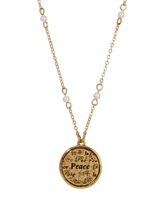 2028 Gold-Tone and Imitation Pearl Multi Language Round Peace Medallion Necklace