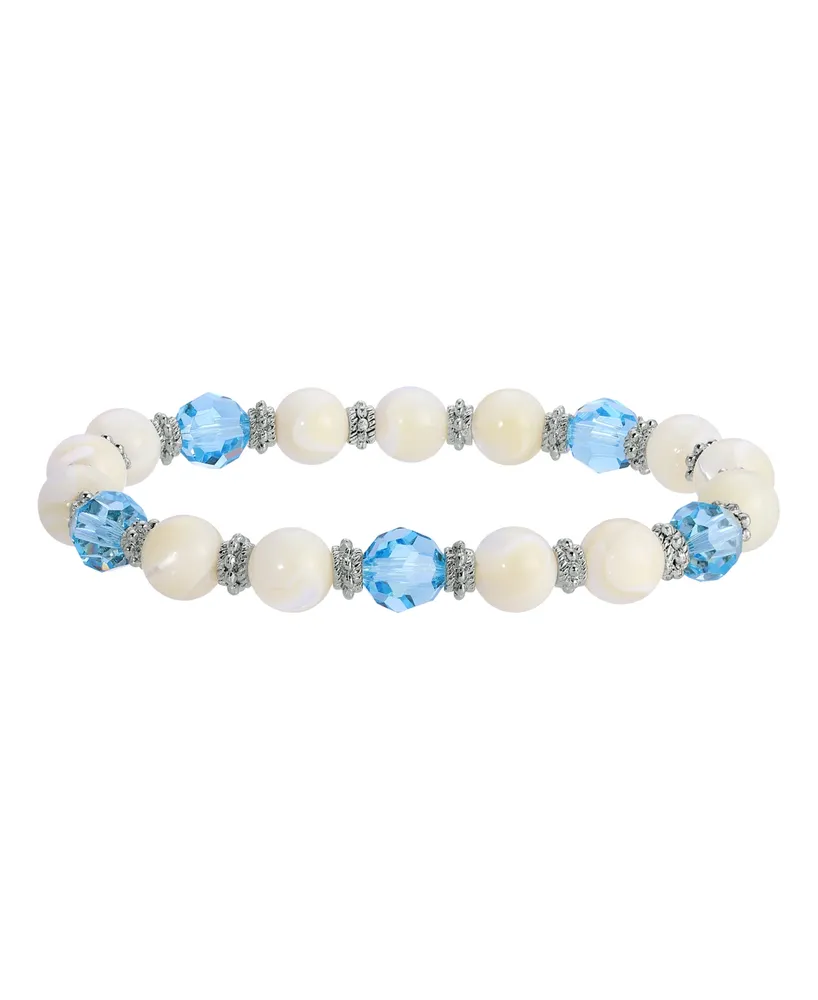 2028 Mother of Imitation Pearl with Aqua Stone Stretch Bracelet