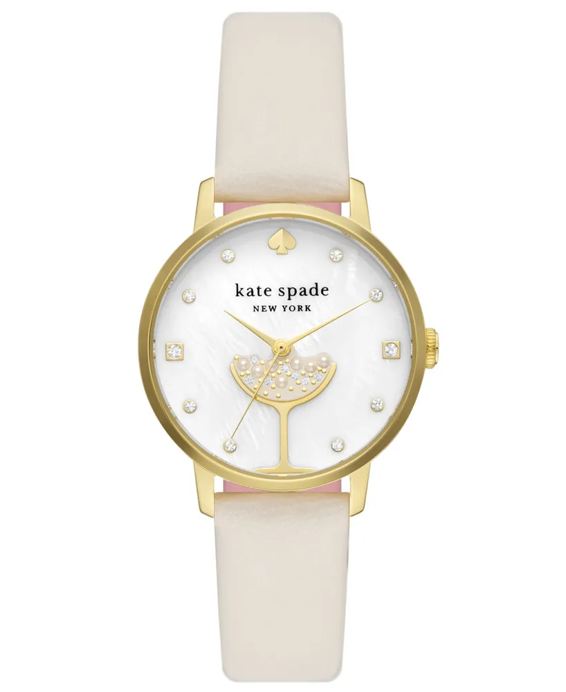 Kate Spade Women's Metro Three-Hand Champagne White Leather Strap Watch 34mm