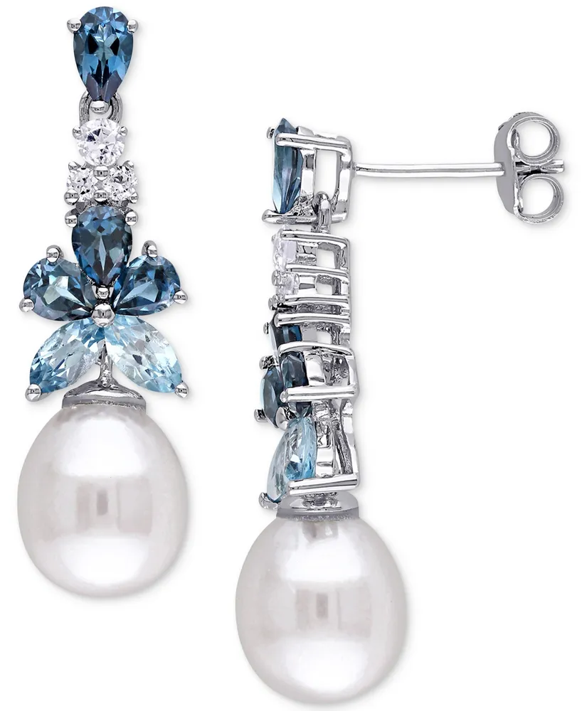 Cultured Freshwater Pearl (8-1/2 - 9mm) & Multi-Topaz (2-1/2 ct. t.w.) Drop Earrings in Sterling Silver