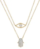 Wrapped Diamond Evil Eye & Hamsa Hand Layered Pendant Necklace (1/6 ct. t.w.) in 10k Gold, 17" + 1" extender, Created for Macy's