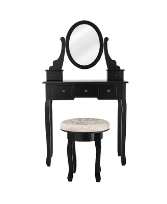 Vanity Table Makeup Table Cushioned Mirror 5 Drawers Black