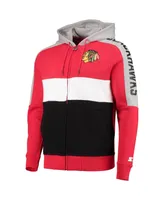 Men's Starter Red and Black Chicago Blackhawks Playoffs Color Block Full-Zip Hoodie