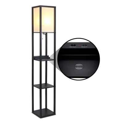 Brightech Maxwell Shelf & Led Floor Lamp - Usb Port, Outlet, Wireless Charging Pad