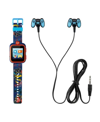Playzoom Kid's Dark Blue Orange Game station Silicone Strap Touchscreen Smart Watch 42mm with Earbuds Gift Set