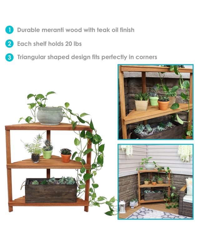 Sunnydaze Decor Meranti Wood/Teak Oil Finish 3-Tier Corner Plant Stand - 36 in