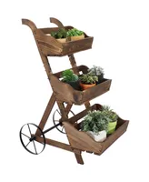3-Tier Wooden Plant Stand with Iron Wheels - Mobile Rolling Garden Cart - Brown Finish - 39.25-Inch