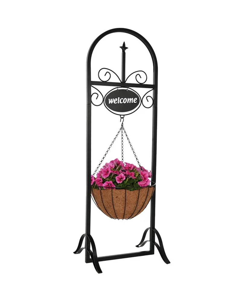 Sunnydaze Decor Black Iron Frame Hanging Basket Planter with Welcome Sign - 48 in