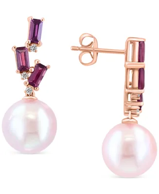 Effy Pink Freshwater Pearl (10mm), Rhodolite (x ct. t.w.) & Diamond Accent Drop Earrings in 14k Rose Gold