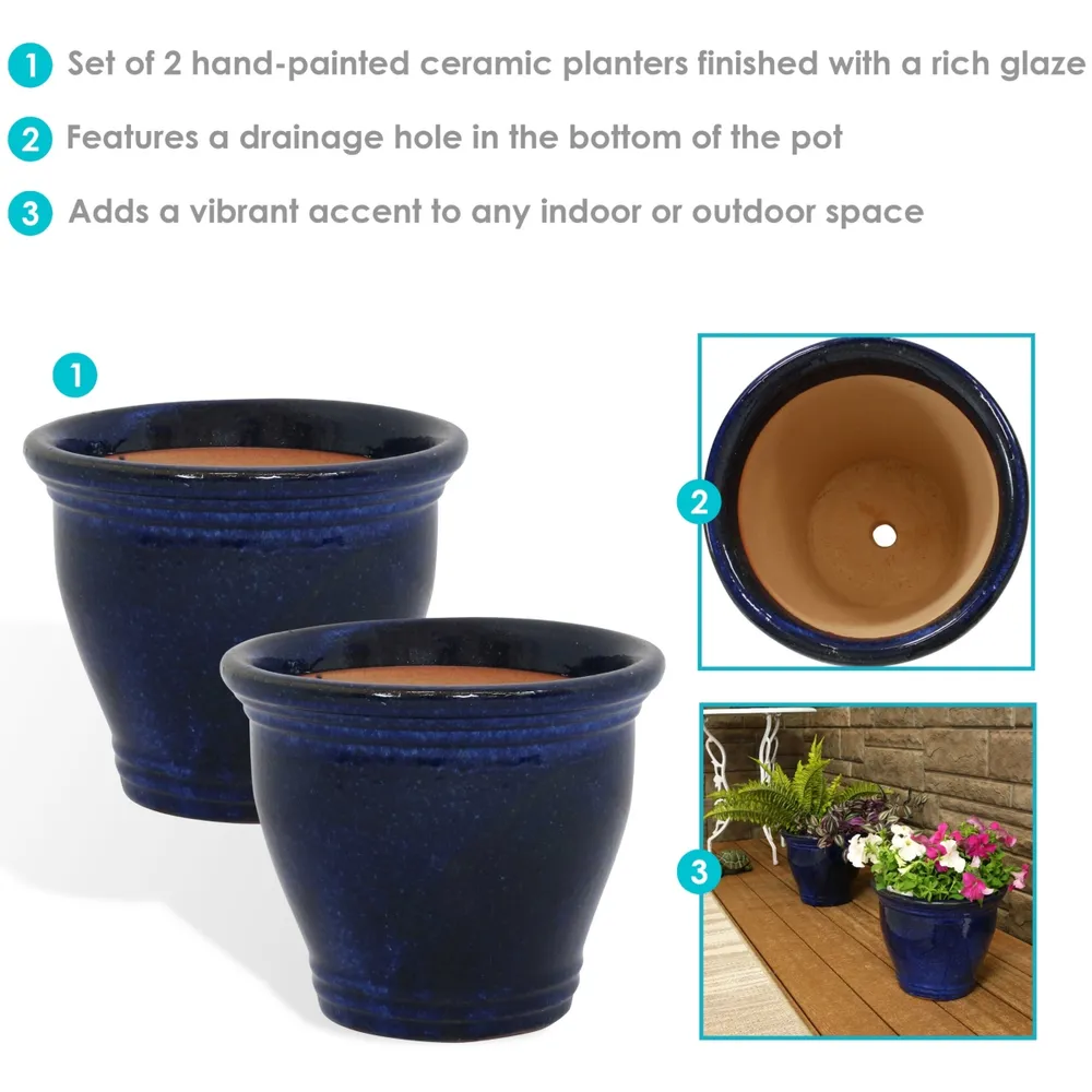 Sunnydaze Decor 11 in Studio Glazed Ceramic Planter - Imperial Blue - Set of 2