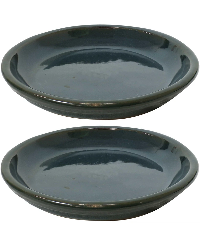 Ceramic Outdoor Flower Pot Saucers Set of 2 - Uv- and Frost-Resistant - Forest Lake Green Glazed Finish