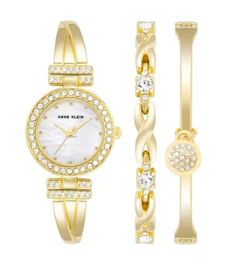 Anne Klein Women's Gold-Tone Alloy Bangle with Crystals Fashion Watch 24mm and Bracelet Set - Gold