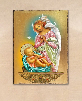 Designocracy Icon Blessing Angel with Child Wall Art on Wood 8"