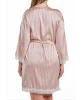 iCollection Brillow Plus Satin Striped Robe with Self Tie Sash and Trimmed Lace