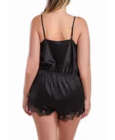 iCollection Jeanie Plus Satin Romper with Front Drape and Floral Eyelash Lace Trim