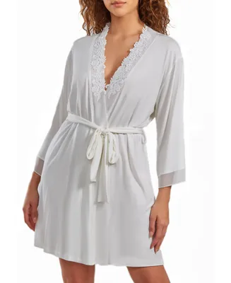 iCollection Women's Cyrus Lace Robe with Mesh Trimmed Sleeves and Self Tie Sash