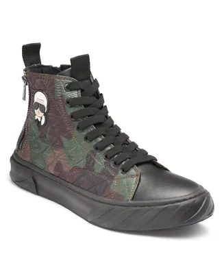 Karl Lagerfeld Men's Quilted Camo Double Back Zip High Top with Head Patch Sneaker