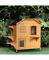 PawHut 2-Story Wooden Cat Condo Balcony & for Indoor Outdoor Use Natural