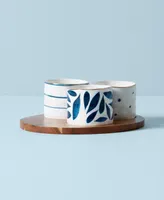 Lenox Blue Bay Set/3 Round Snack Bowls with Wood Tray