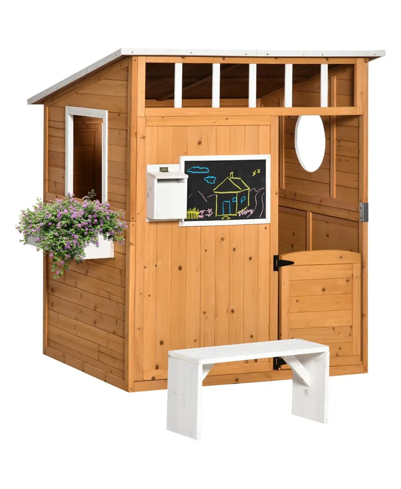 Outsunny Kids Outdoor Wooden Playhouse Garden Cottage, w/ Door Bench Blackboard