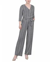 Ny Collection Petite Short 3/4 Sleeve Belted Wide Leg Jumpsuit