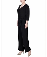 Ny Collection Petite Short 3/4 Sleeve Belted Wide Leg Jumpsuit