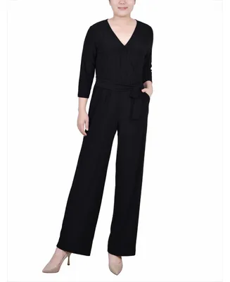 Ny Collection Petite Short 3/4 Sleeve Belted Wide Leg Jumpsuit